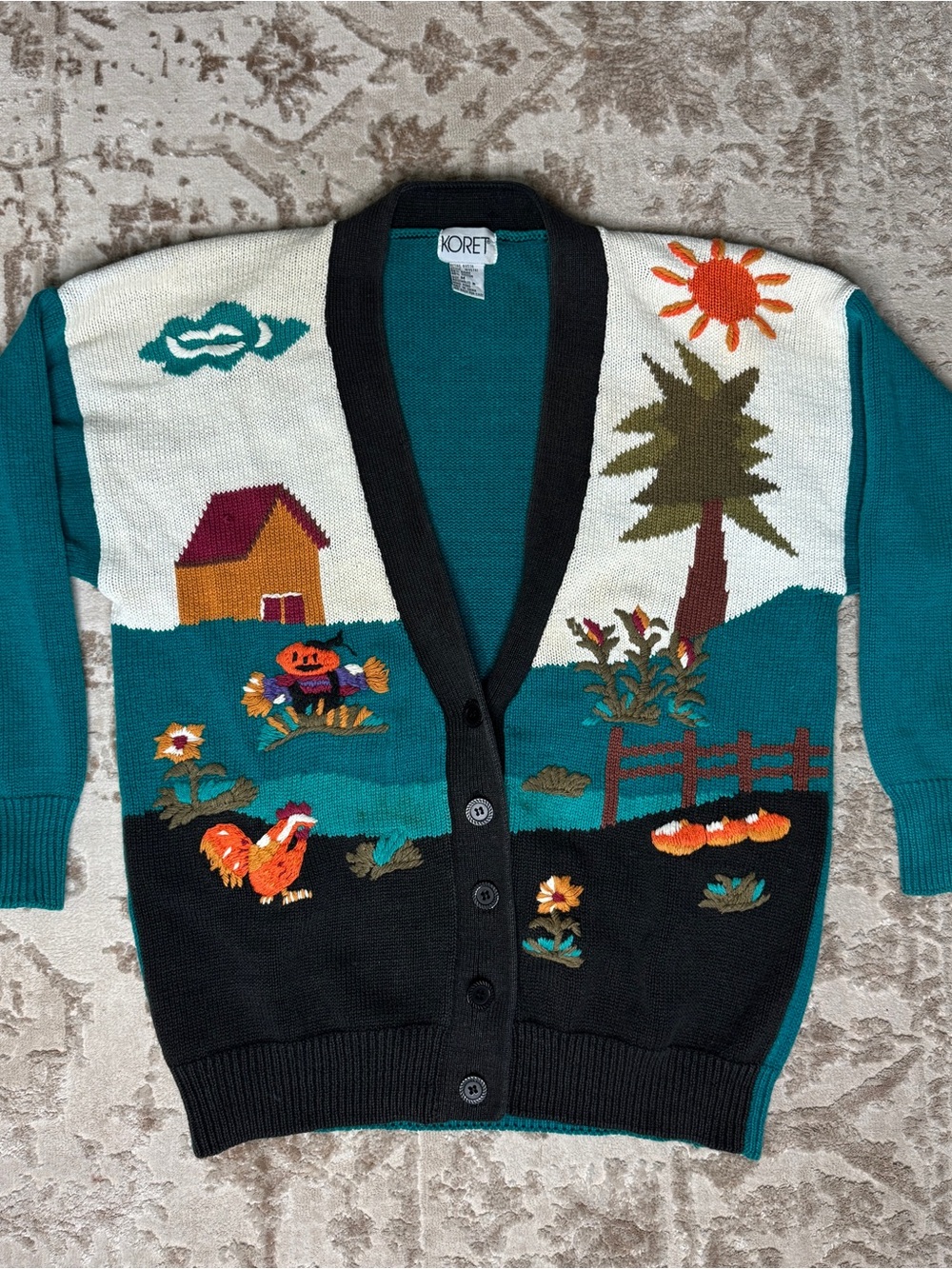Vintage 1990s Koret Crochet Fall Scene Cardigan